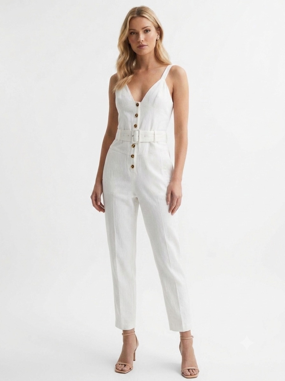 REISS Sola White Button-Through Belted Wide Leg Jumpsuit Size 0